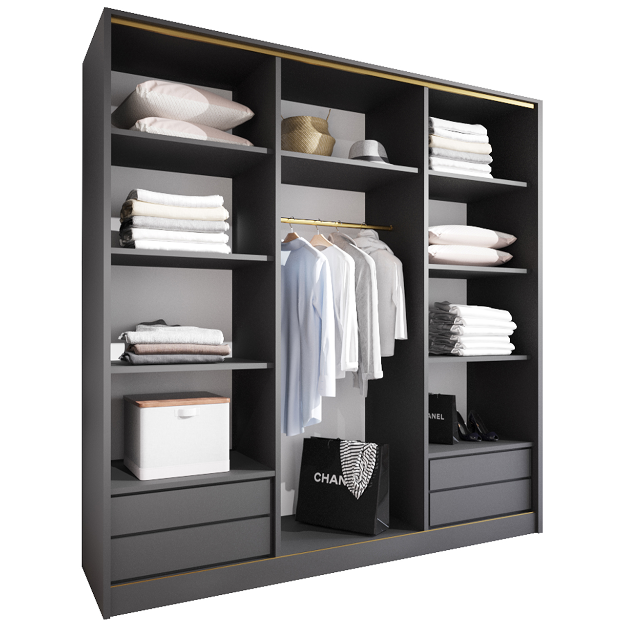 Szafa przesuwna z lustrem i szufladami TRIVI D 180 czarny / złoty - obrazek 3