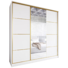Szafa przesuwna z lustrem i szufladami TRIVI D 200 biały / złoty