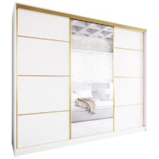 Szafa przesuwna z lustrem i szufladami TRIVI D 250 biały / złoty