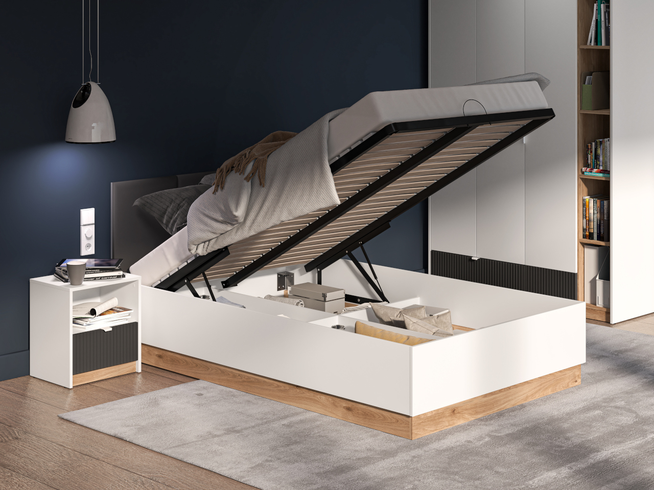 Łóżko 120x200 z podnoszonym stelażem EMPOLI 12A białe / dąb castello / grafit - obrazek 7