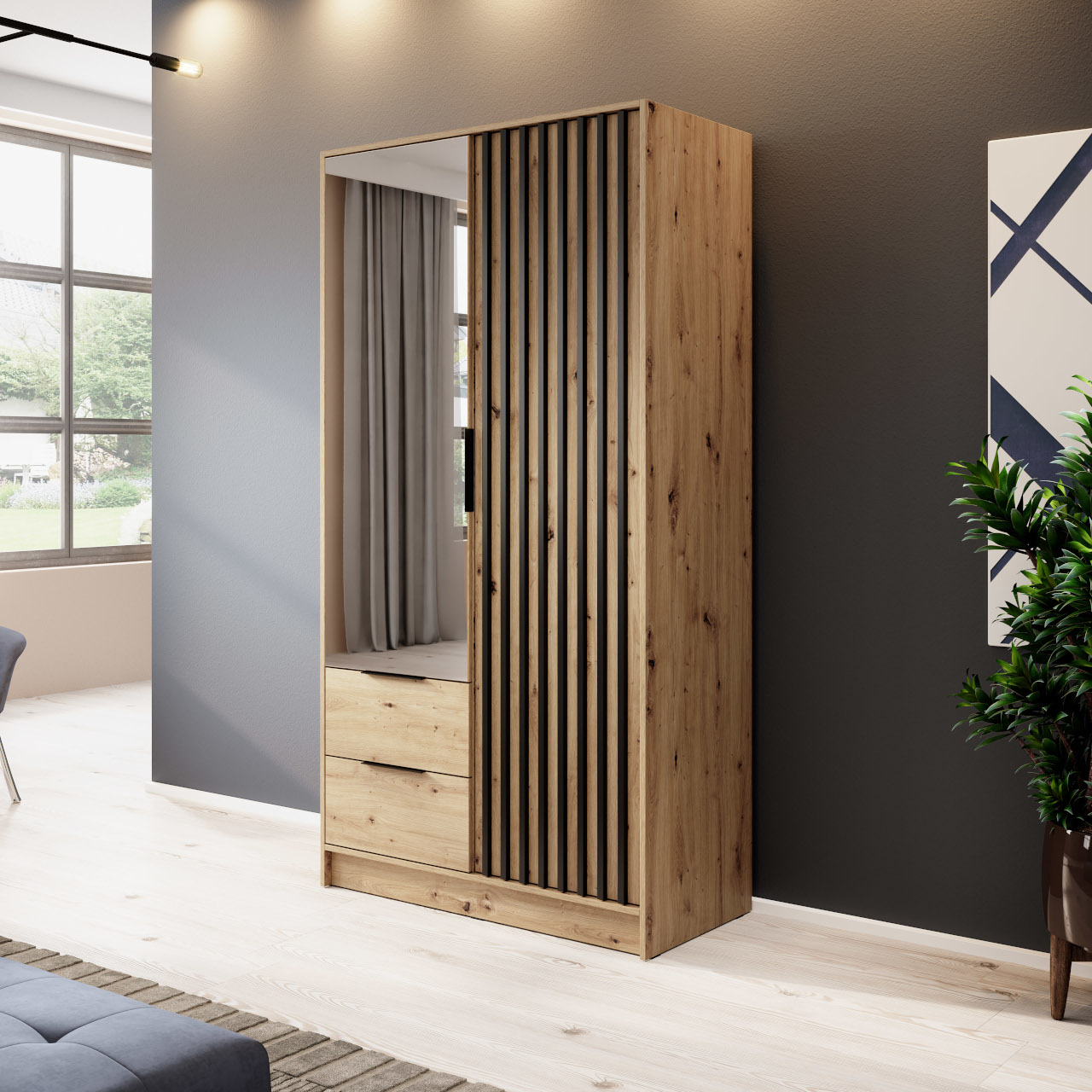 Szafa z lustrem LAILA 2D dąb artisan / czarny - obrazek 5