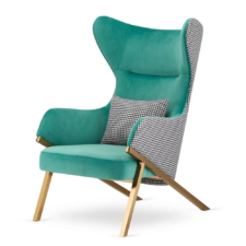 Fotel Classy turkusowy glamour z pepitką i złotą podstawą – elegancki uszak do salonu