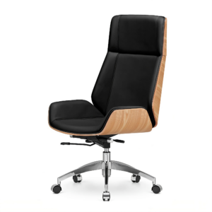 Fotel biurowy Timo High czarna skóra naturalna, fornir jasny dąb chromowany stelaż na kółkach - premium design