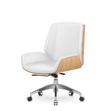 Fotel biurowy Timo Low Biała skóra Jasny dąb Skóra ekologiczna Chromowana