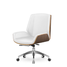 Fotel biurowy Timo Low Biała skóra Jasny orzech Skóra ekologiczna Chromowana