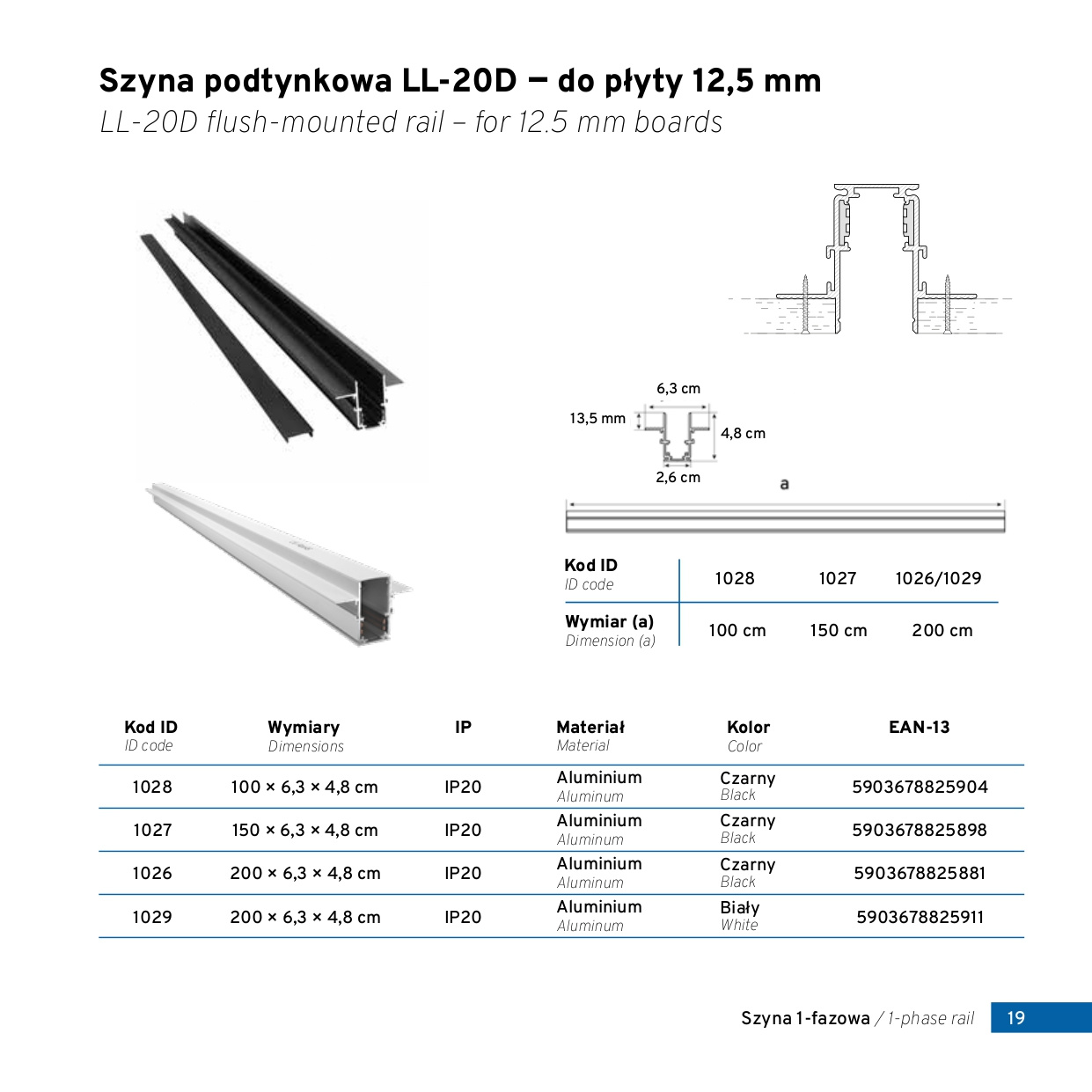 Szyna magnetyczna podtynkowa czarna LL-20D 150cm - obrazek 3