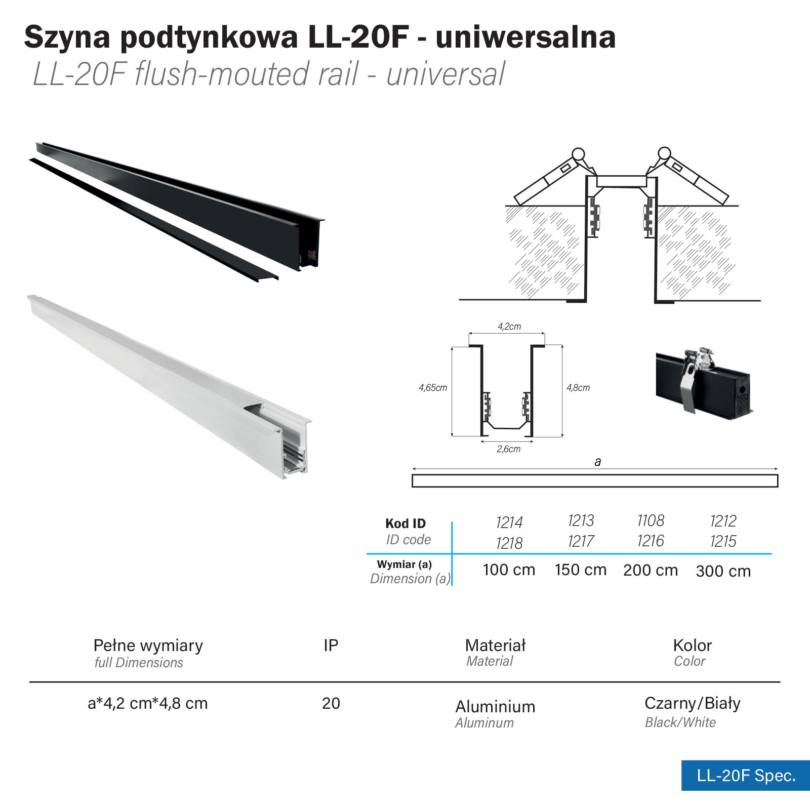 Szyna magnetyczna podtynkowa LL-20F czarna 100cm - obrazek 5