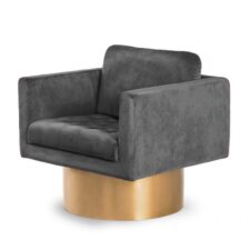 Fotel Glam Velvet Jasnoszary do salonu – luksusowy fotel wypoczynkowy z pikowaniem i złotymi detalami