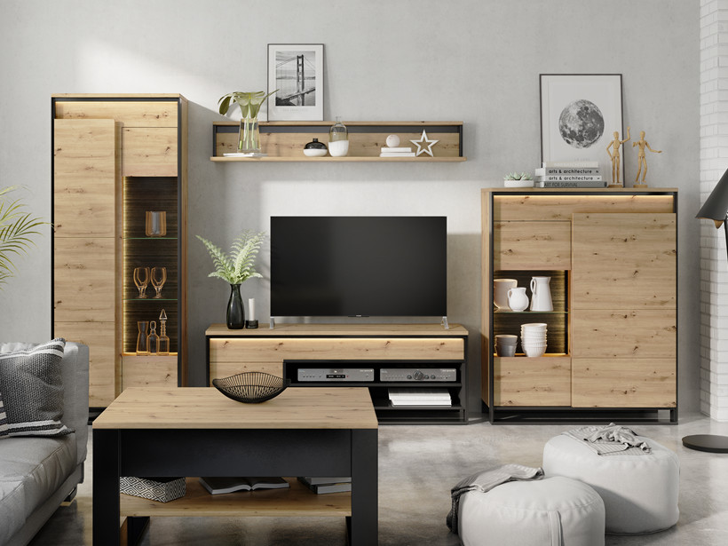Meble do salonu QUANT 1 dąb artisan z czarnymi wstawkami i oświetleniem LED – zestaw z witrynami i szafką RTV