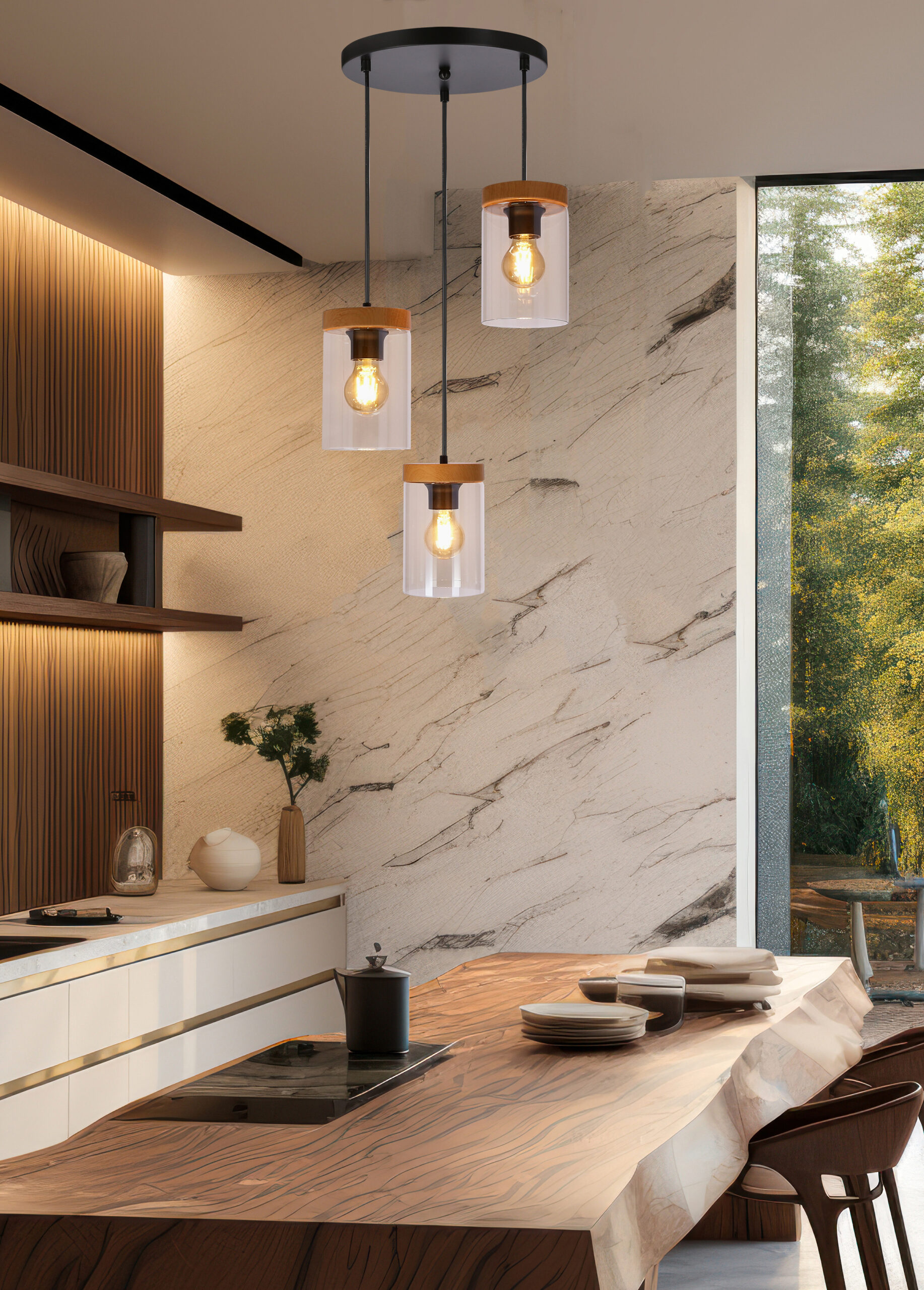 WELS LAMPA WISZĄCA TALERZ CZARNY+DREWNIANY 3X40 E27 KLOSZ DYMIONY - obrazek 3