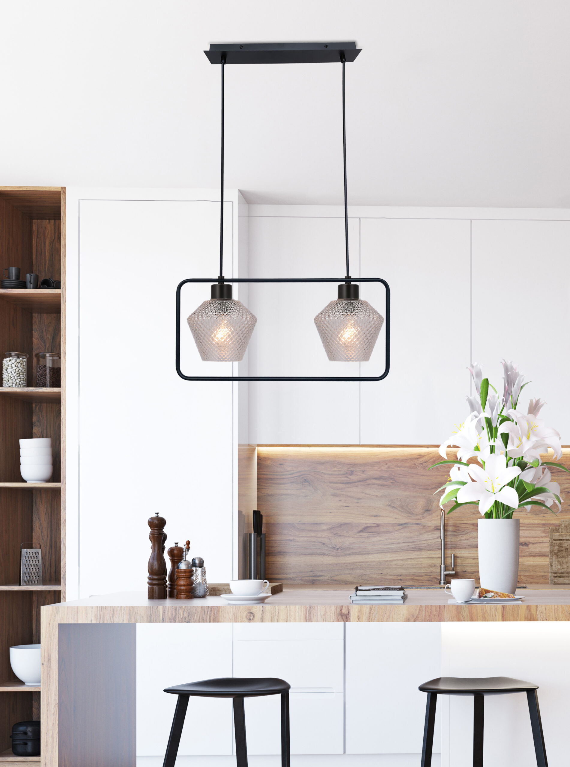 NIKO LAMPA WISZĄCA CZARNY 2X40W E27 KLOSZ BEZBARWNY KARBOWANY - obrazek 3