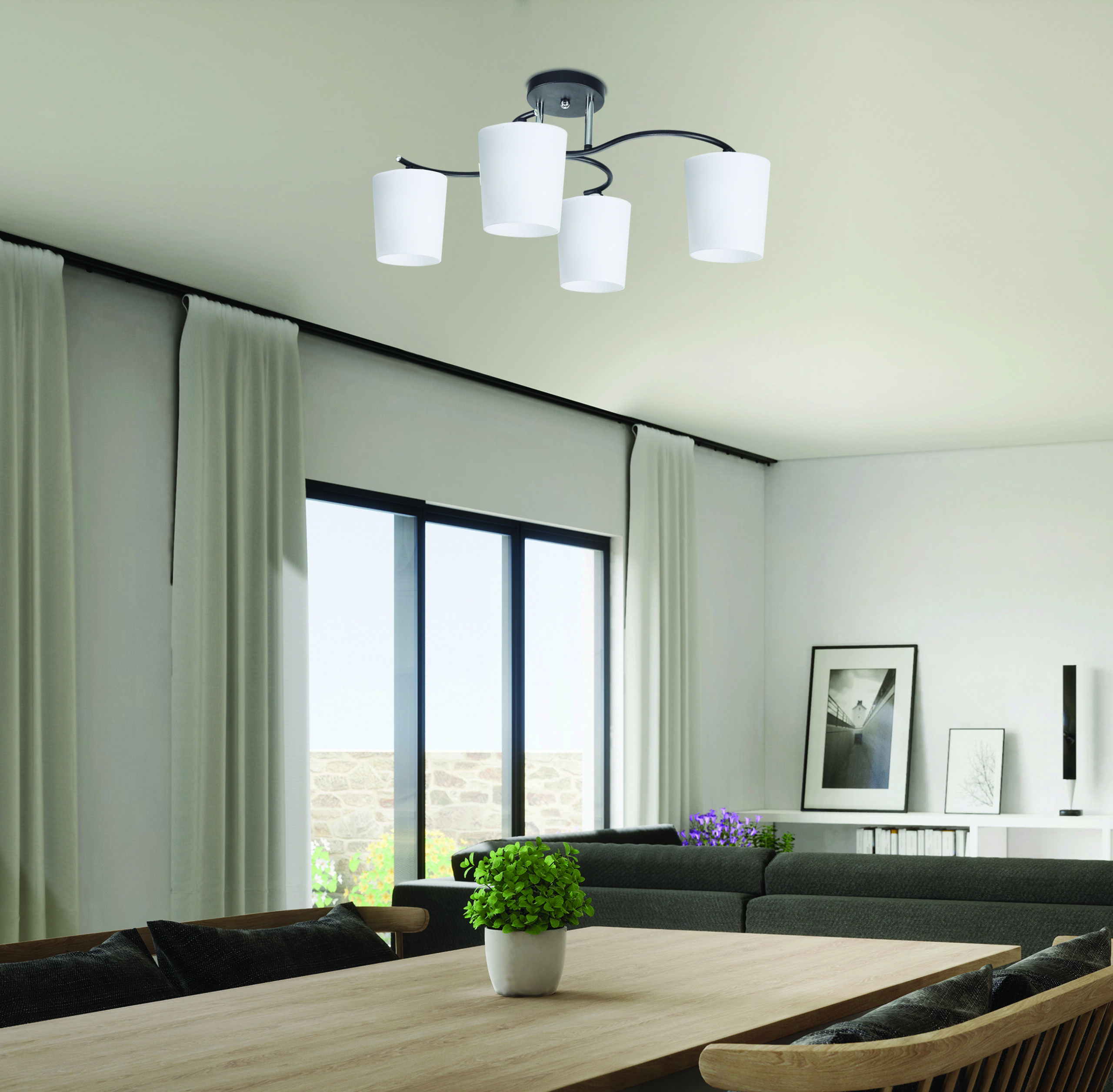 ESNYR LAMPA SUFITOWA CHROMOWY+CZARNY 4X40 E27 KLOSZ BIAŁY - obrazek 3