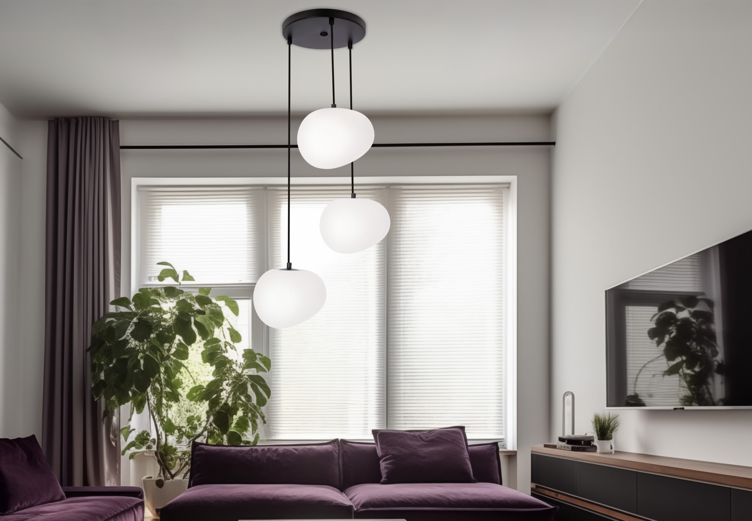 Lampa wisząca STONES w stylu Japandi - okrągła podstawa z kloszami 20 cm w kształcie kamienia - nowoczesne oświetlenie salonu 3x E27 - obrazek 3
