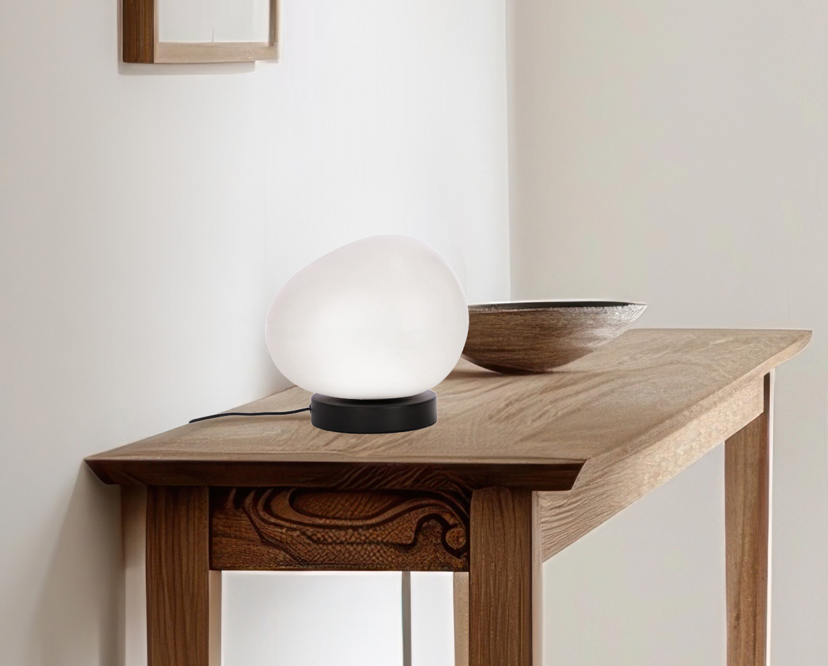 Lampa stołowa STONES minimalistyczna - biały klosz 20 cm w kształcie kamienia - skandynawska lampka nocna do sypialni i salonu E27 - obrazek 3
