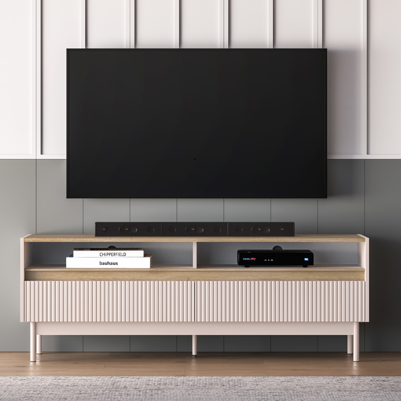 Komoda RTV nowoczesna ERMITE 154 cm kaszmir / dąb cremona z metalowymi nogami - obrazek 6