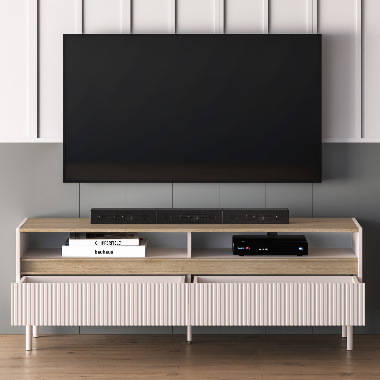 Komoda RTV nowoczesna ERMITE 154 cm kaszmir / dąb cremona z metalowymi nogami - obrazek 7