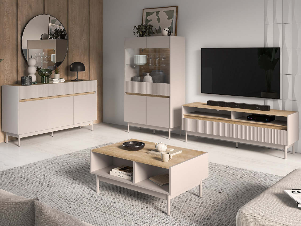 Zestaw mebli do salonu ERMITE 1 kaszmir dąb cremona z ryflowanymi frontami i witryną przeszkloną