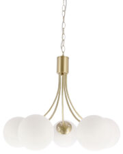 Lampa wisząca Dani 5x40W E14 mosiądz, biały klosz, elegancka oprawa sufitowa do salonu, styl klasyczny i nowoczesny, pięć punktów światła