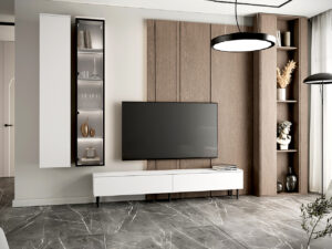 Meblościanka FIGO 1 biały – elegancki komplet do salonu z komodą RTV i witryną