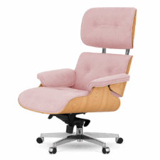 Fotel salonowy Lucera XL – elegancki fotel obrotowy do gabinetu, velvet pudrowy róż, luksusowy jasny dąb
