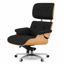 Fotel salonowy Lucera XL Velvet – designerski fotel obrotowy do biura i salonu, czarny welur, jasny dąb