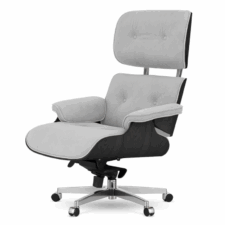 Fotel salonowy Lucera Velvet – designerski fotel obrotowy do biura i salonu, jasnoszary welur, czarny dąb