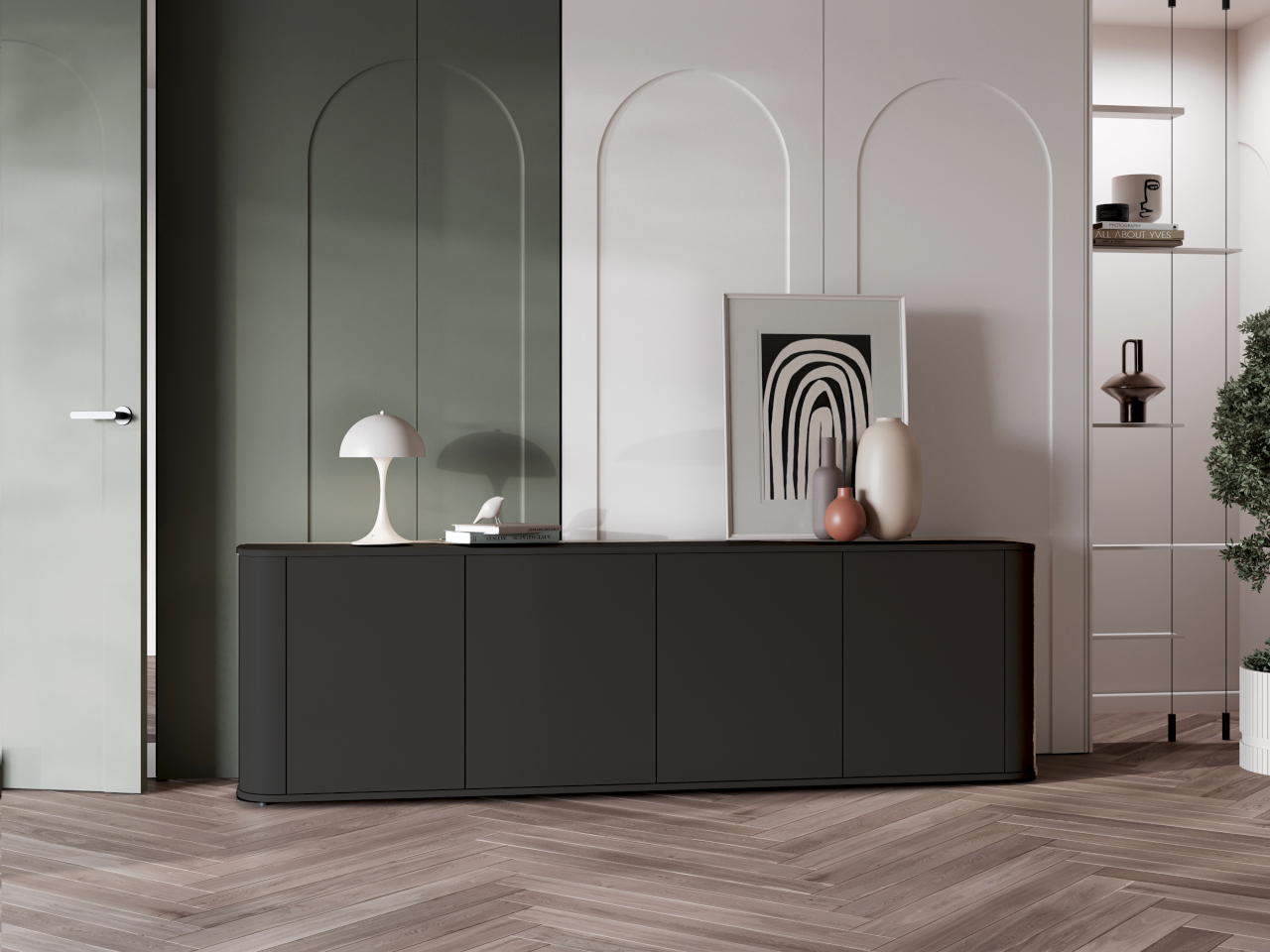 Komoda czarna XXL 4 Drzwiowa AZELIO przypodłogowa z zaokrąglonymi rogami i systemem push-to-open - obrazek 5