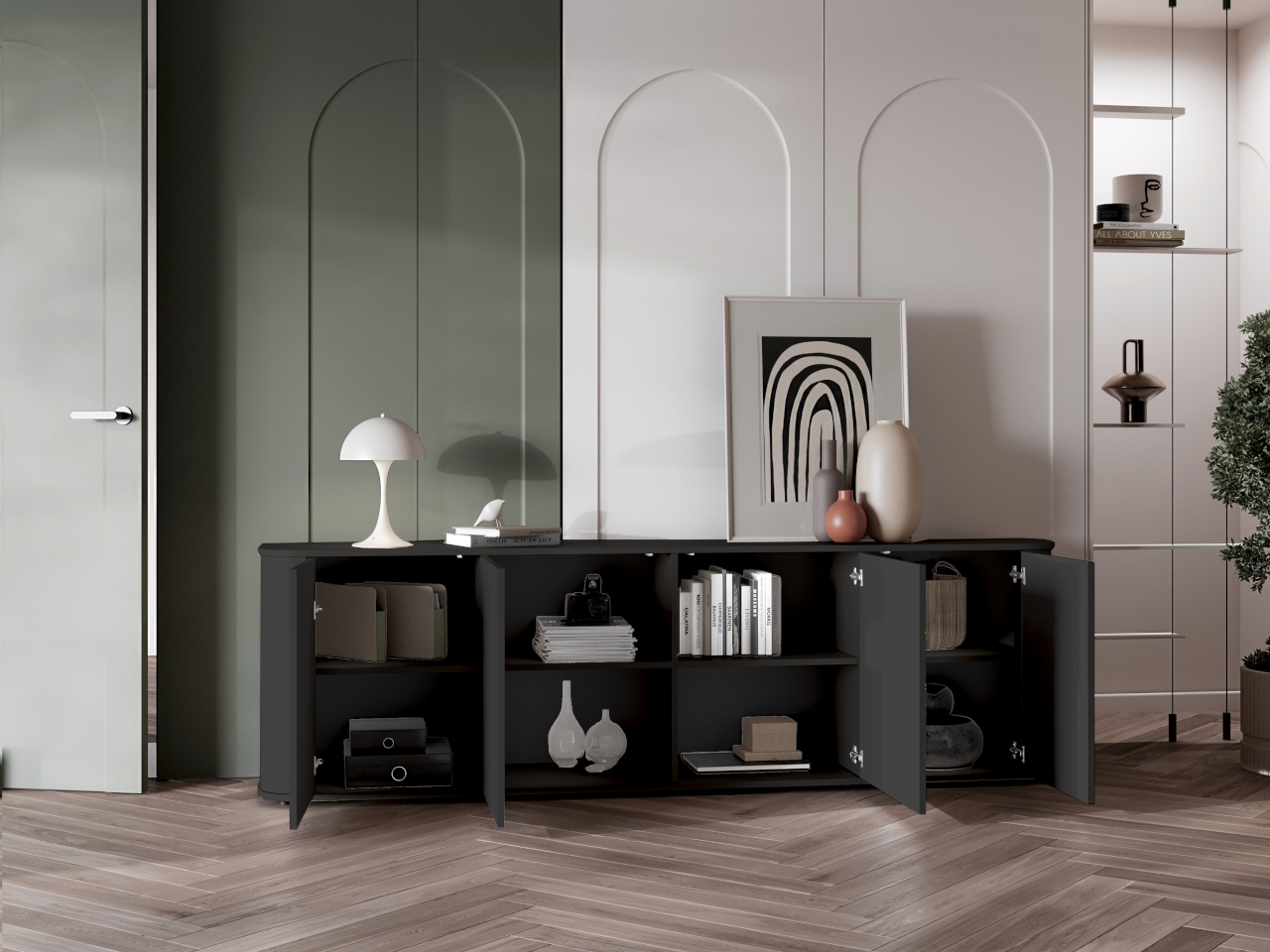 Komoda czarna XXL 4 Drzwiowa AZELIO przypodłogowa z zaokrąglonymi rogami i systemem push-to-open - obrazek 6