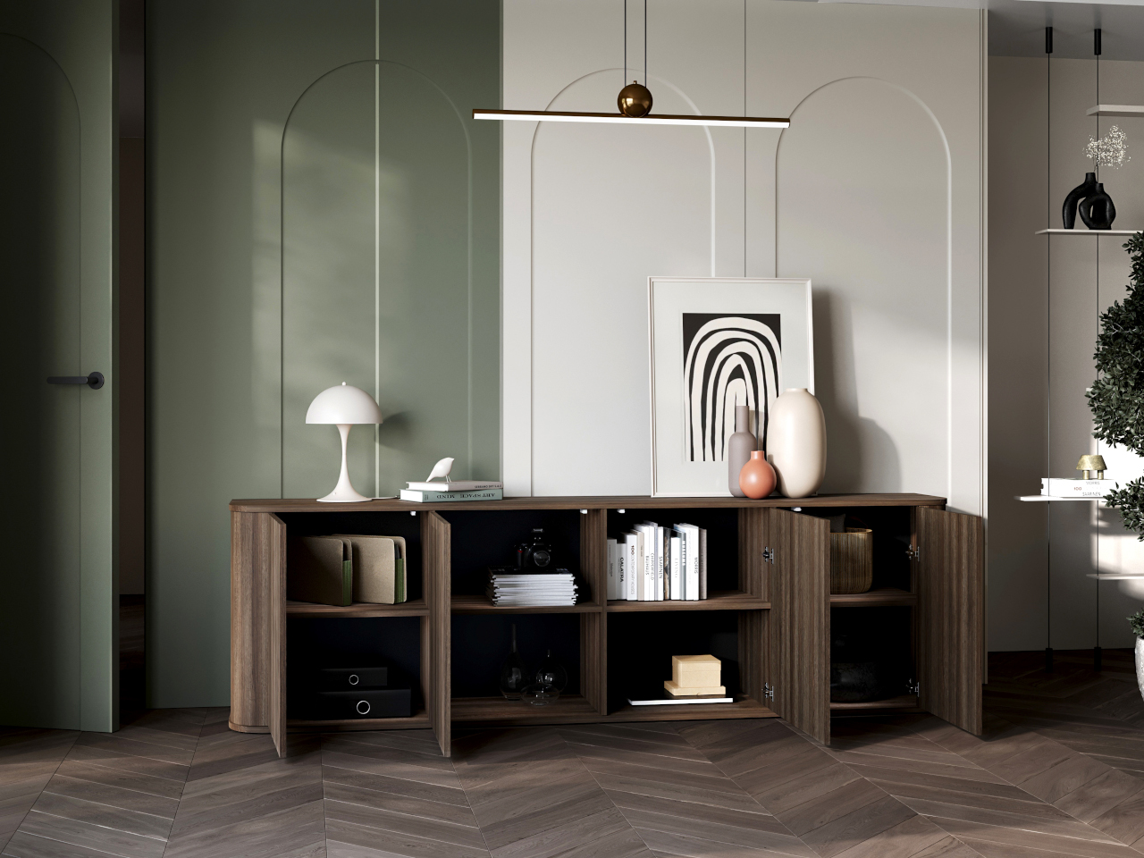 Komoda 4Drzwiowa AZELIO 215 cm Dąb Barock z zaokrąglonymi narożnikami i czarnymi nogami PUSH-TO-OPEN - obrazek 6