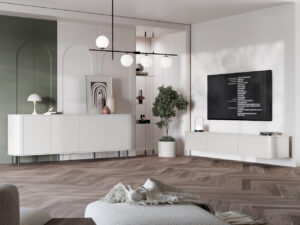 Zestaw mebli do salonu AZELIO 2 biały – komoda RTV wisząca 215 i komoda 4D na nóżkach