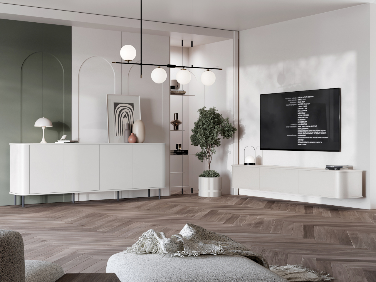 Zestaw mebli do salonu AZELIO 2 biały – komoda RTV wisząca 215 i komoda 4D na nóżkach