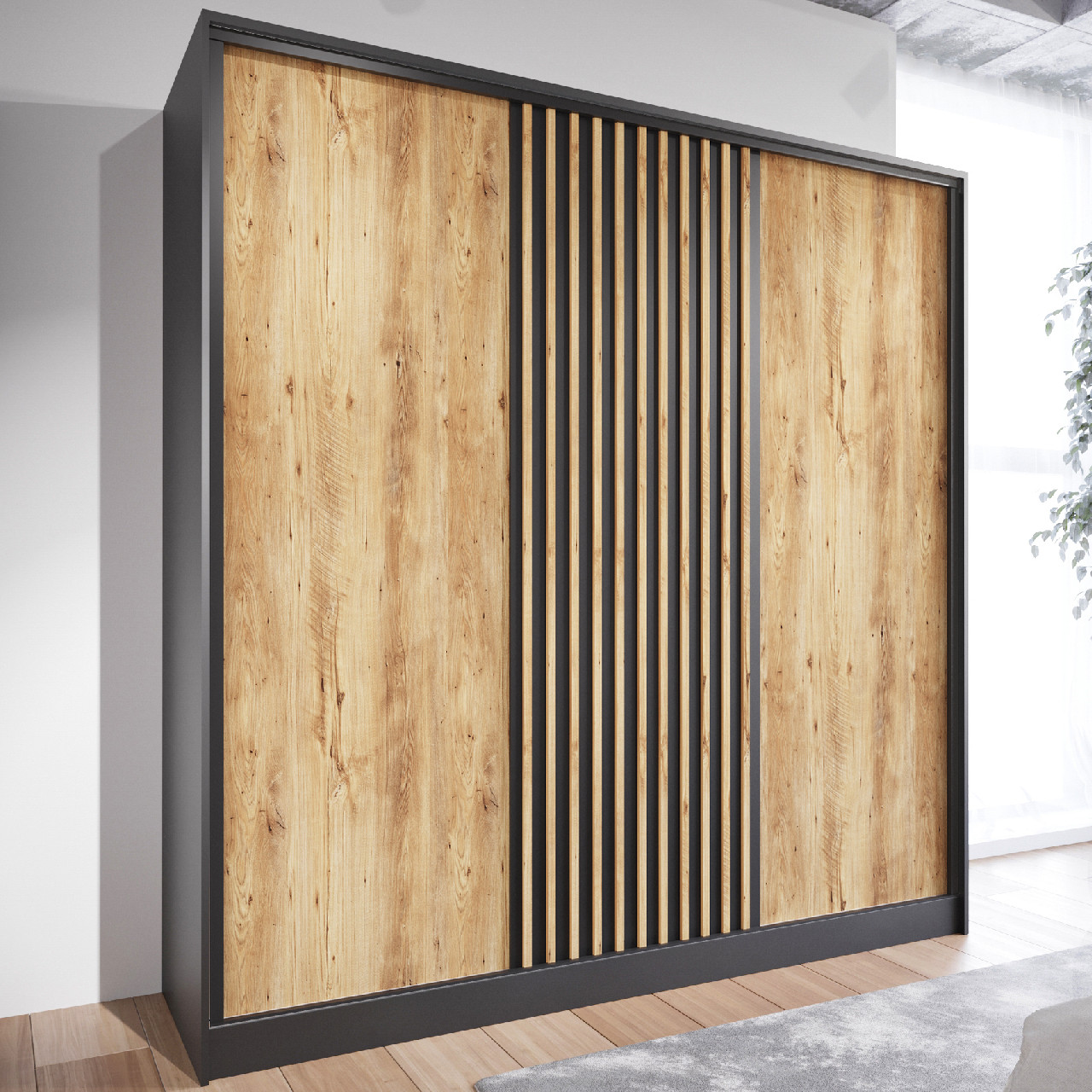 Szafa przesuwna CETI B 200 czarny / dąb wotan - obrazek 5