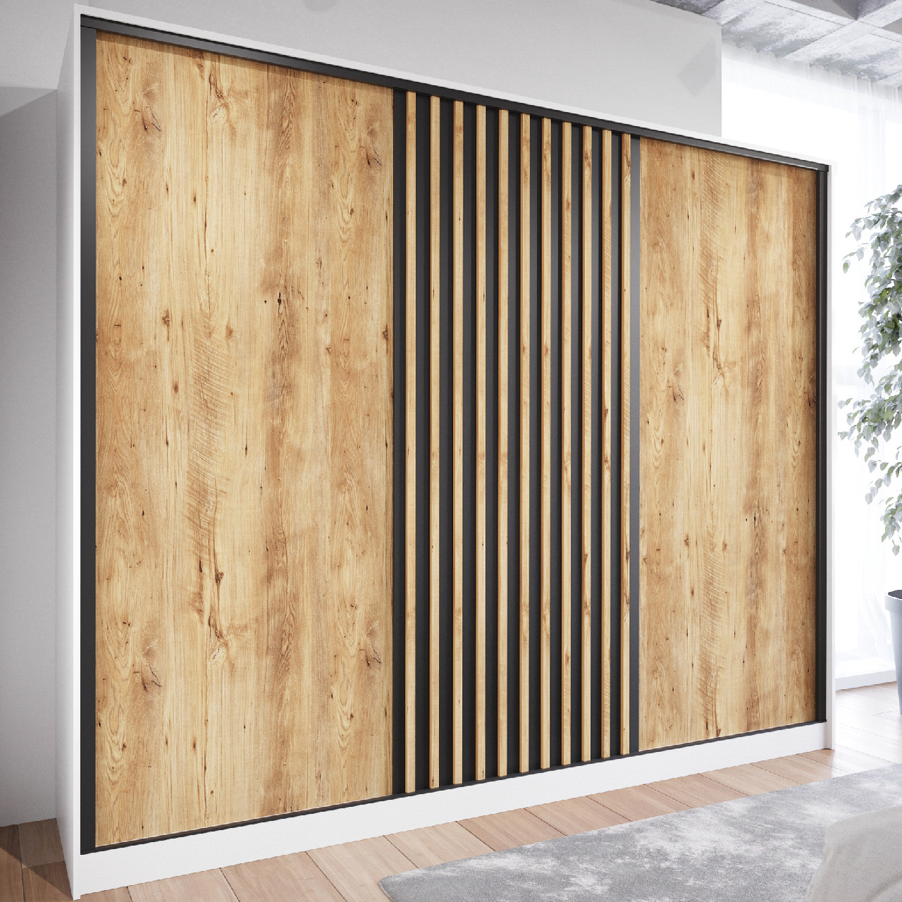 Szafa przesuwna CETI B 270 biały / dąb wotan / czarny - obrazek 4