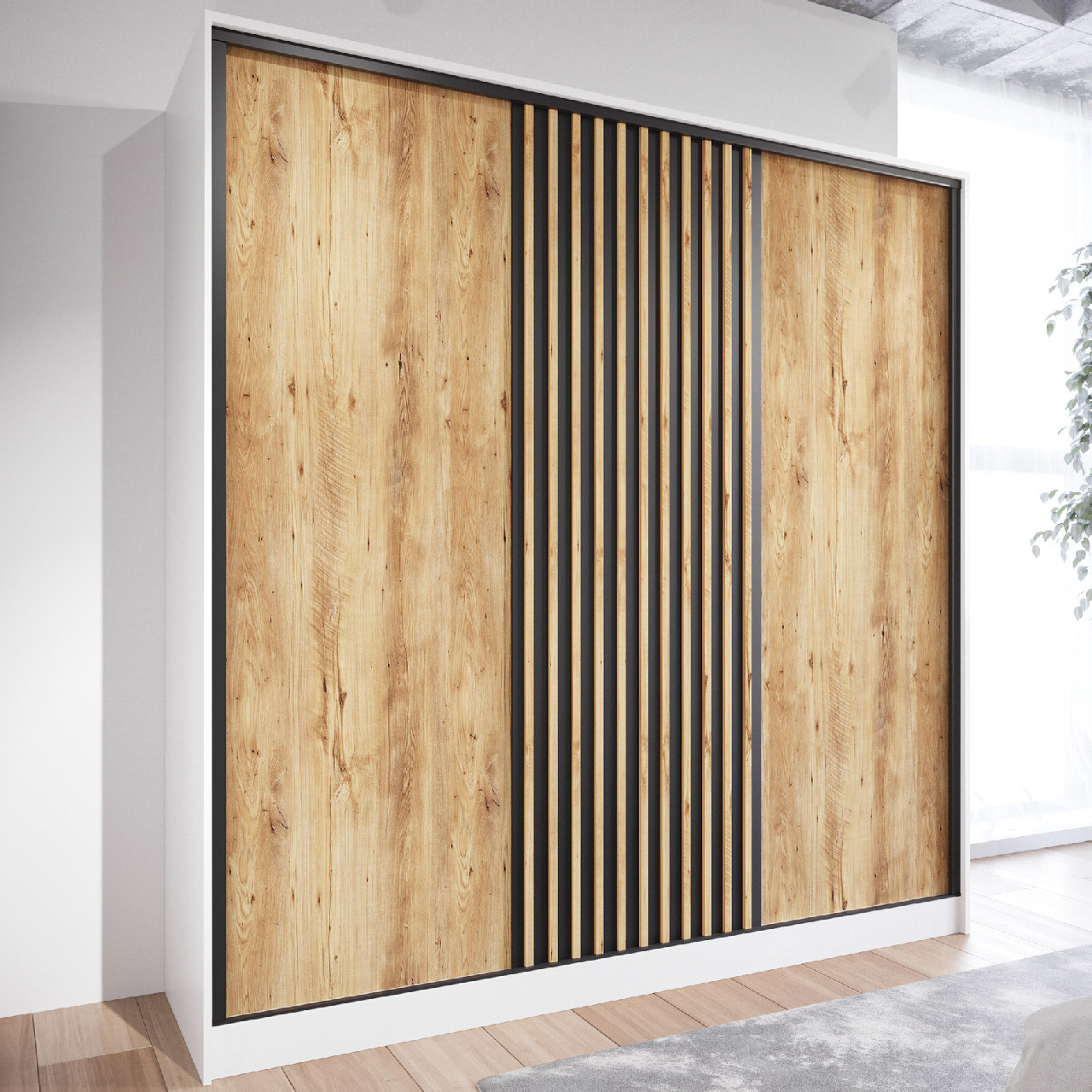 Szafa przesuwna CETI B 180 biały / dąb wotan / czarny - obrazek 5