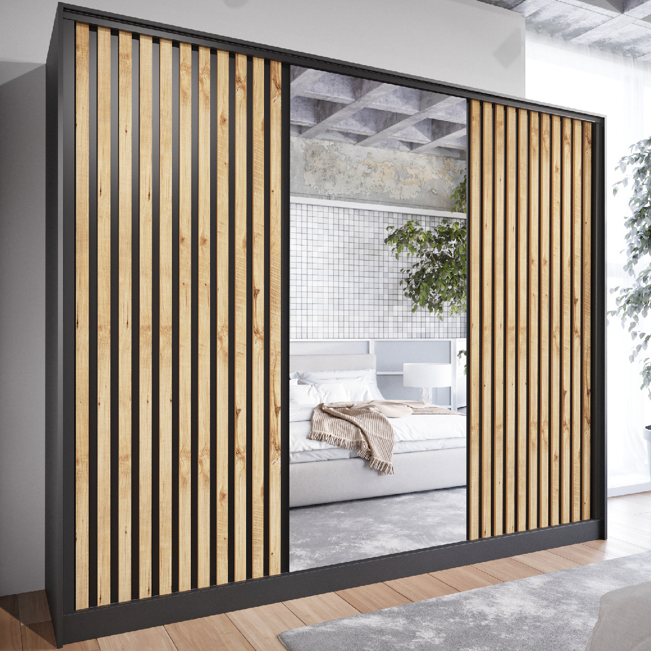 Szafa przesuwna z lustrem LIPI B 270 czarny / dąb wotan - obrazek 4