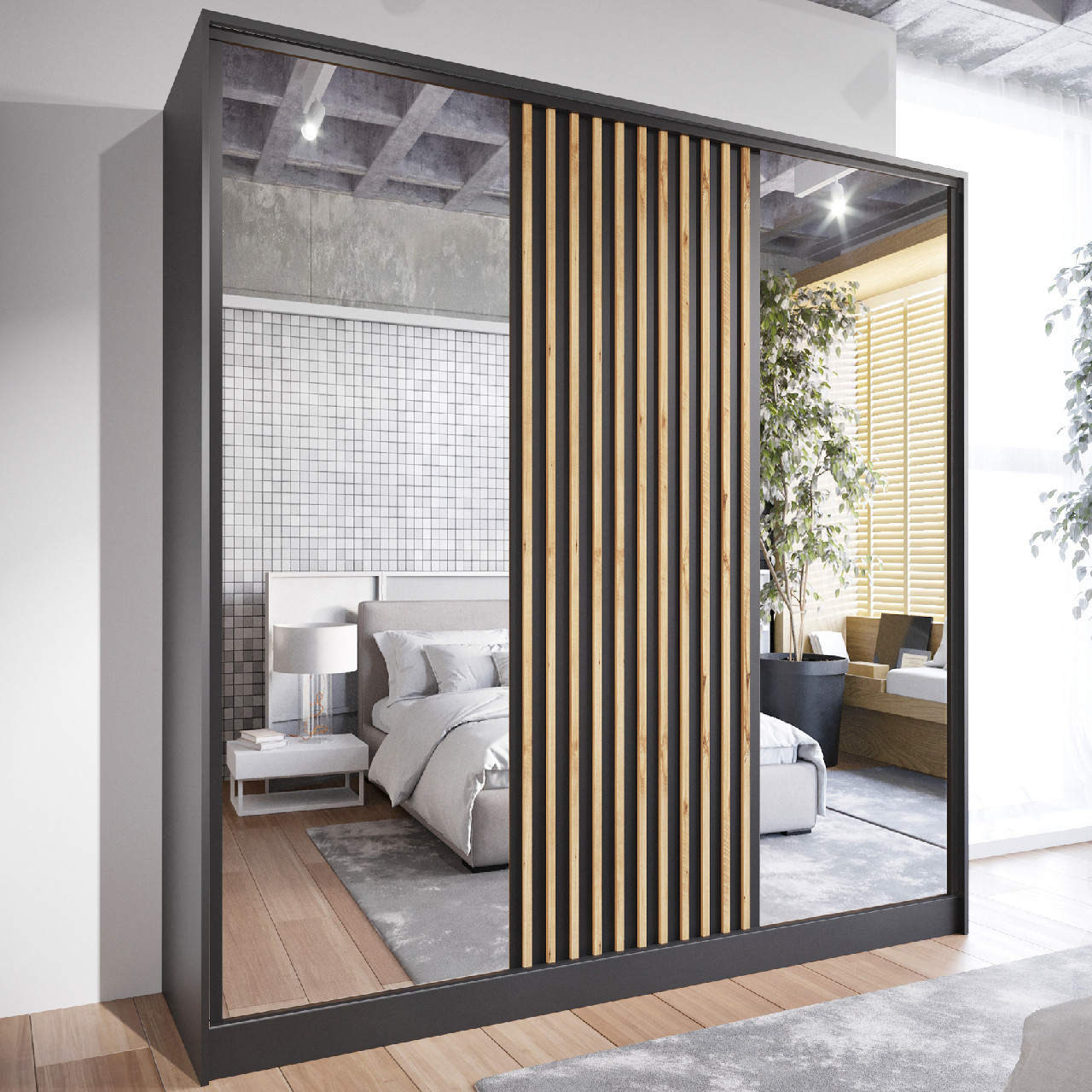 Szafa przesuwna z lustrem SOLI B 180 czarny / dąb wotan - obrazek 5