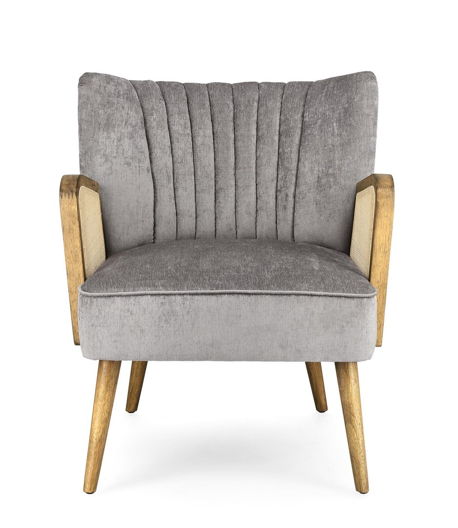 Designerski fotel VIRNA BIZZOTTO szary aksamit retro z rattanem - obrazek 3