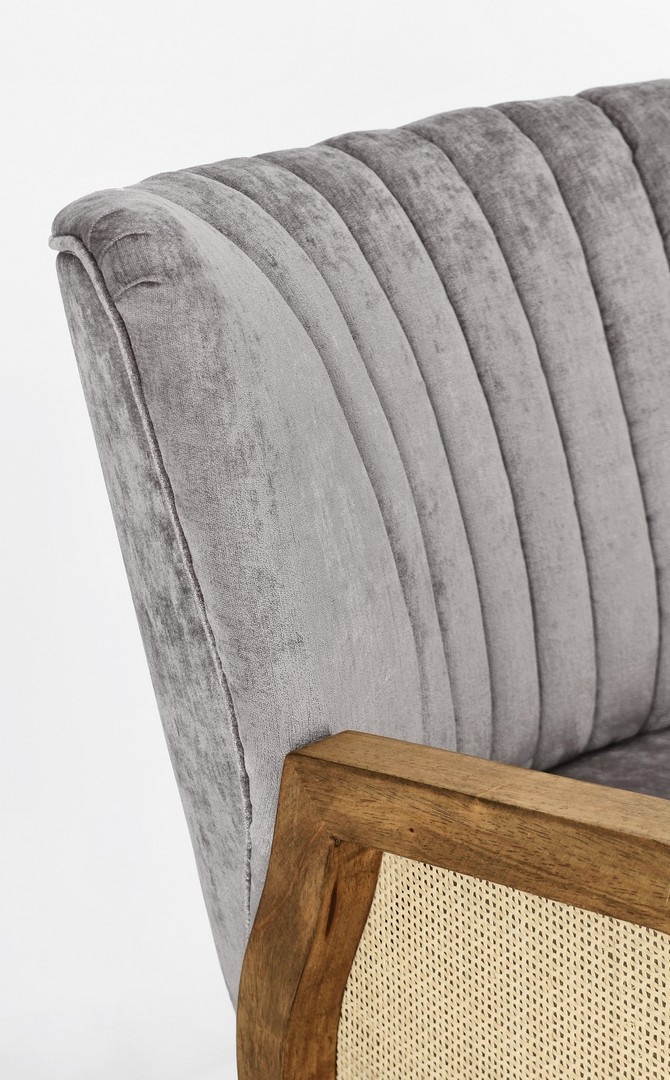 Designerski fotel VIRNA BIZZOTTO szary aksamit retro z rattanem - obrazek 6