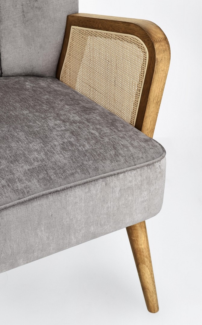 Designerski fotel VIRNA BIZZOTTO szary aksamit retro z rattanem - obrazek 7