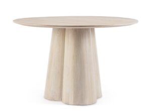 Designerski stół okrągły NASSOR beżowy 120 cm drewno mango i stal BIZZOTTO