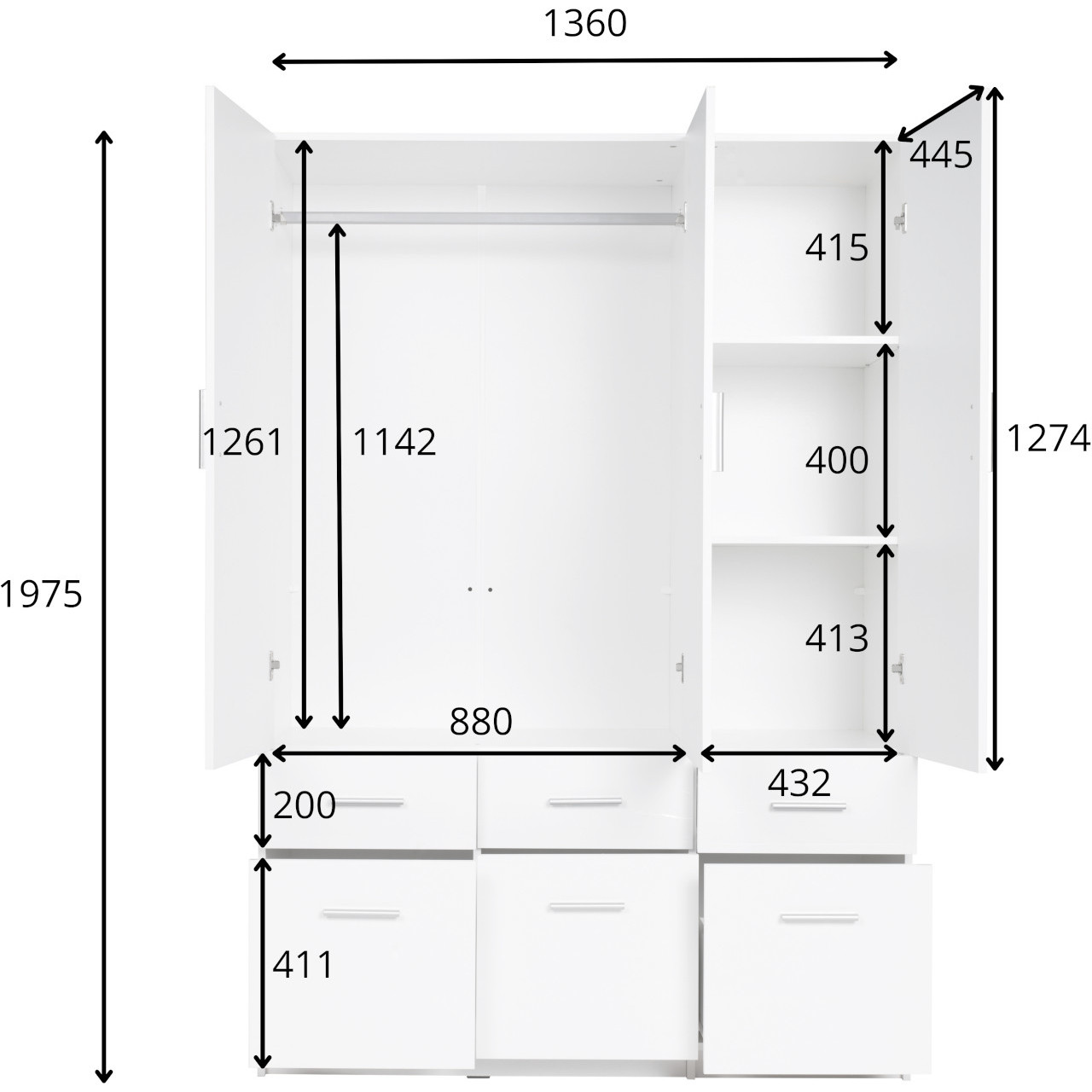 Szafa z szufladami 136cm PARMA 04 biały alpejski / biały połysk - obrazek 4