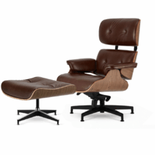Fotel Lucera NEW XL z podnóżkiem Lounge Chair Brązowa Skóra, fornir Jasny Orzech, czarna podstawa z chromowanymi grzbietami
