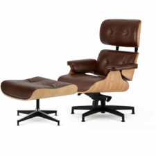 Stylowy fotel salonowy Lucera NEW XL Lounge Chair – brązowa skóra naturalna, fornir jasny dąb, czarna podstawa obrotowa chromowana