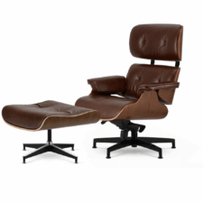 Fotel Lucera NEW XL z podnóżkiem Lounge Chair Brązowa Skóra, fornir Ciemny Orzech, czarna podstawa z chromowanymi grzbietami