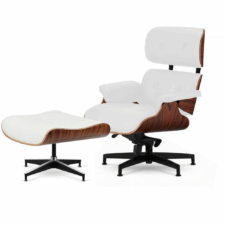 Fotel Lucera XL Lounge z podnóżkiem – biała skóra naturalna, brazylijski palisander, elegancki do salonu i gabinetu