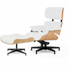 Fotel Lucera NEW XL z Podnóżkiem Lounge Chair Biała Skóra Jasny Dąb – Czarna Chromowana Podstawa