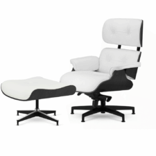 Lucera XL NEW fotel z podnóżkiem, biała skóra ekologiczna, Czarny Dąb, czarna podstawa z chromowanymi grzbietami do salonu premium