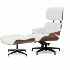 Fotel Lucera NEW XL z podnóżkiem biała skóra naturalna, fornir Ciemny Orzech, chromowana podstawa obrotowa – stylowy lounge chair