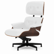 Stylowy fotel salonowy Lucera NEW XL – skóra naturalna biała, fornir Ebony, czarna podstawa z chromowanymi grzbietami