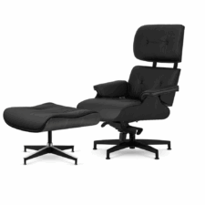Stylowy fotel salonowy Lucera NEW XL lounge chair z podnóżkiem – czarna skóra naturalna, fornir czarny dąb, obrotowa podstawa